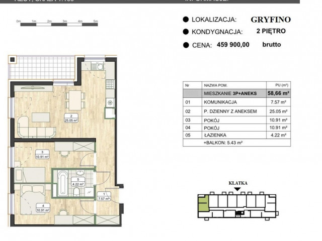 3 pok. 58m + balkon Gryfino